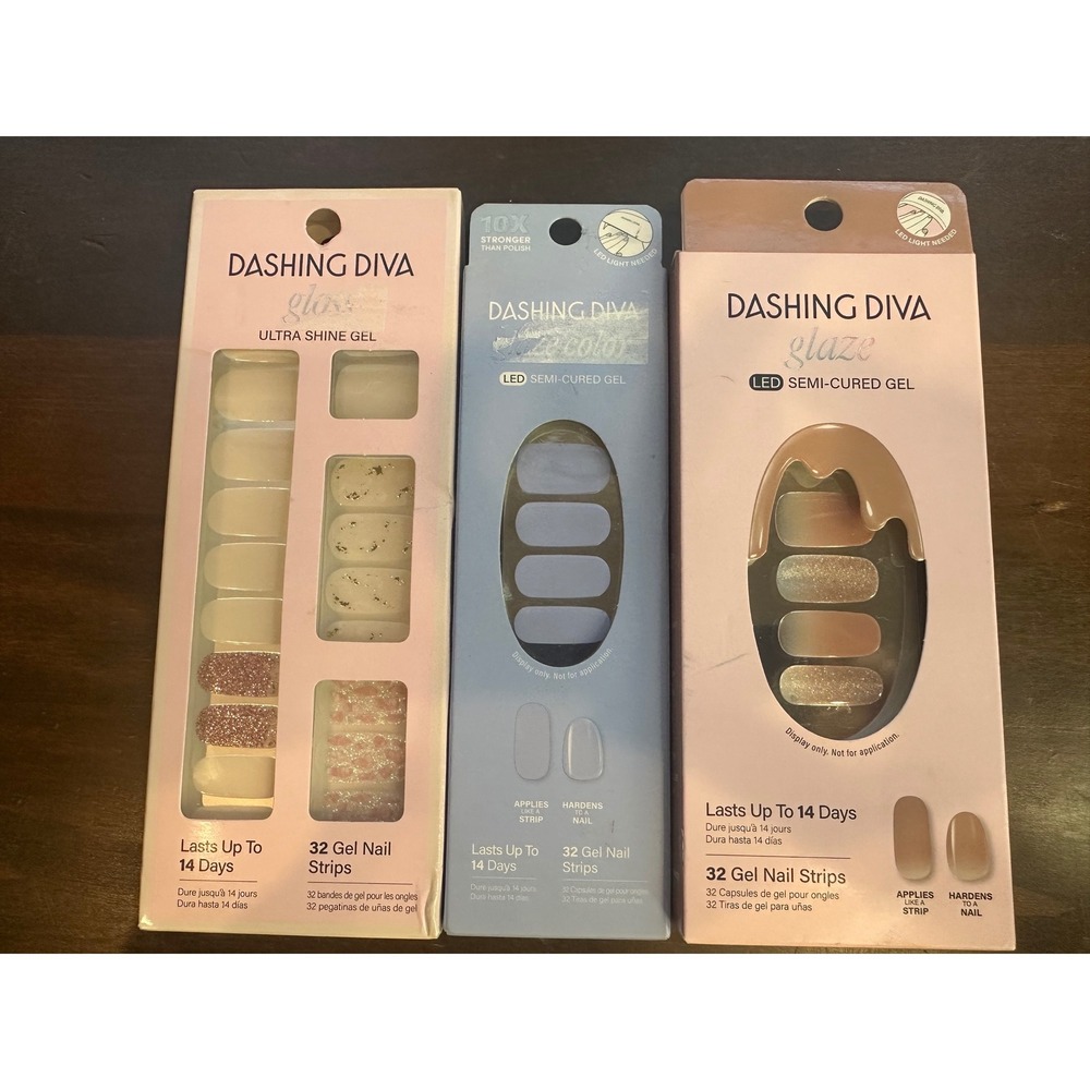Dashing Diva Gel Nail Strips Bundle Gloss Glaze Semi-Cured 32 Count 3 Packs